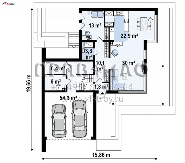 Проект комфортабельного двухуровневого дома с большим гаражом S3-206-8 (Zx151)
