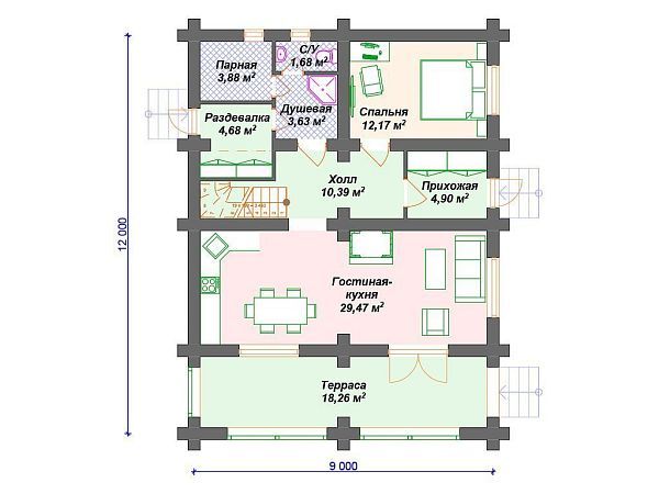 Проект деревянного дома из бревна 9 на 12 в стиле Шале с террасой, балконом и сауной S4-173 (ДО-135)