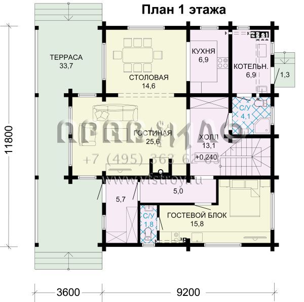 Проект брусового дома с широкой террасой S7-215 (1-40b)