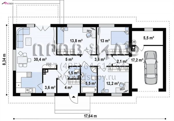 Проект одноэтажного дома для вытянутых в длину участков S3-115-3 (Z241 GP HB)