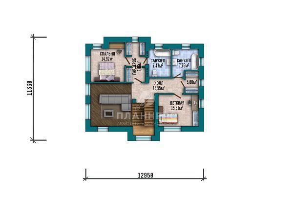 Проект двухэтажного дома в стиле Райта с крытой террасой, многоскатной крышей и комбинированным фасадом из кирпича и планкена S2-201 (447-202-2)