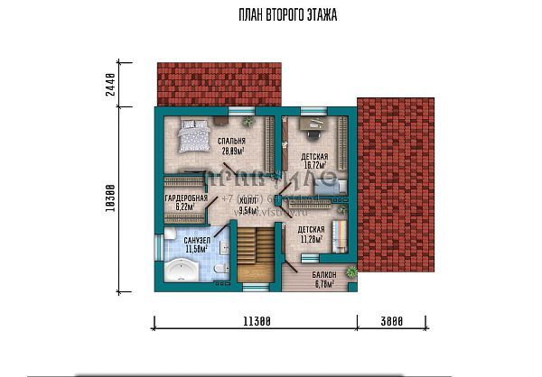 Проект коттеджа с мансардой, навесом для гаража, террасой и балконом над входом S2-166 (020-166-1МГ)