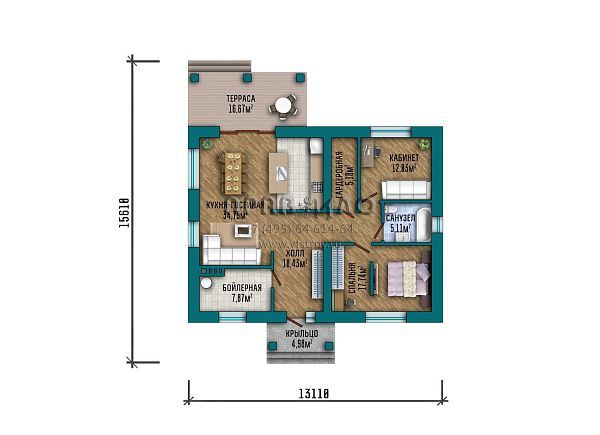Проект одноэтажного дома с общей вальмовой кровлей над входной группой и террасой и отделкой фасада кирпичом S2-112 (341-112-1)