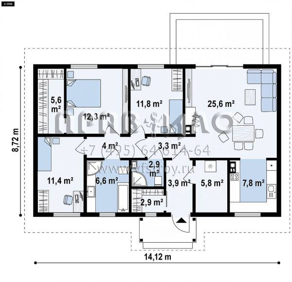 Проект элегантного одноэтажного дома для семьи с двумя детьми S3-104-1 (Z369 D)