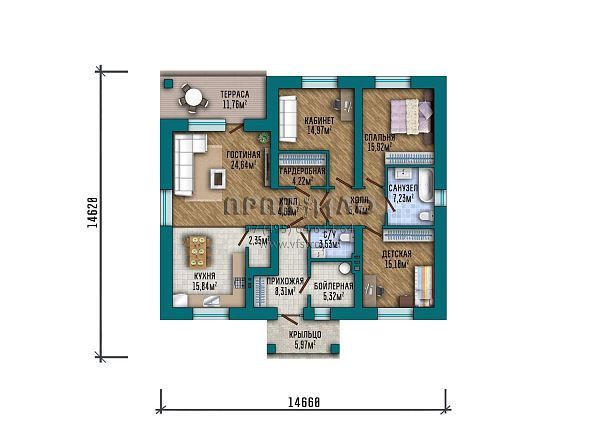 Проект квадратного одноэтажного дома с вальмовой кровлей S2-145 (363-145-1)