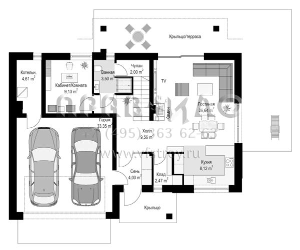 Проект современного мансардного дома с двускатной крышей S8-214-1 (Биба)