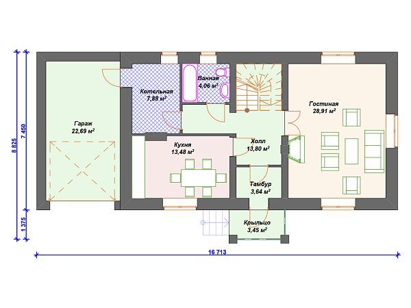Проект каменного дома с гаражом и 3 спальнями S4-164 (К-109)