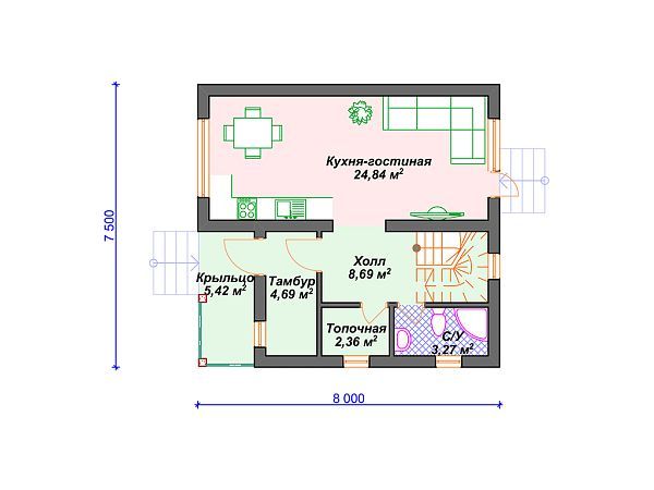 Проект дома с 2 спальнями S4-89 (К-326)