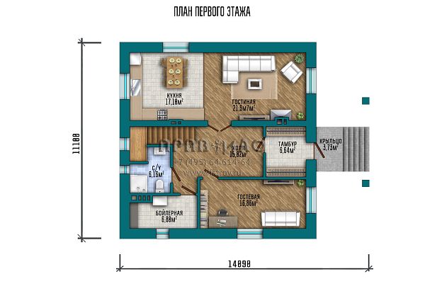Проект квадратного двухэтажного дома с вальмовой кровлей, четырьмя спальнями и двумя санузлами на втором этаже S2-180 (164-180-2)