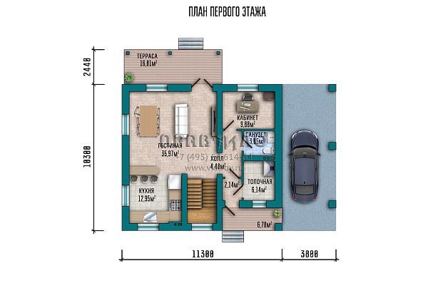 Проект коттеджа с мансардой, навесом для гаража, террасой и балконом над входом S2-166 (020-166-1МГ)