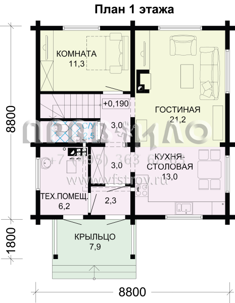 Проект дома из бруса с шатровой крышей S7-126 (1-37)