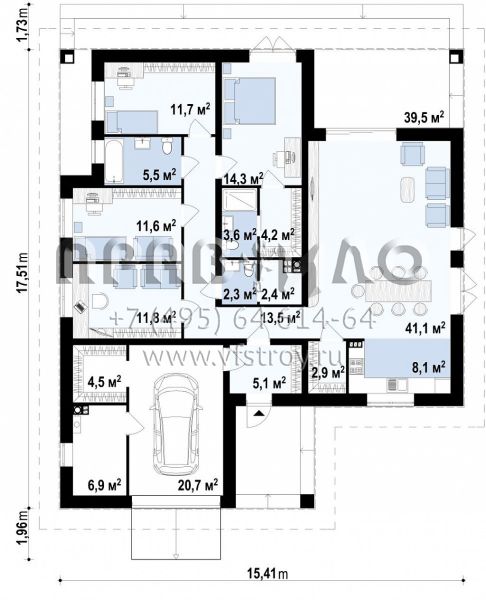 Проект одноэтажного дома с гостиной, четырьмя спальнями и с гаражом S3-185-4 (Z379)