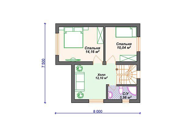 Проект дома с 2 спальнями S4-89 (К-326)
