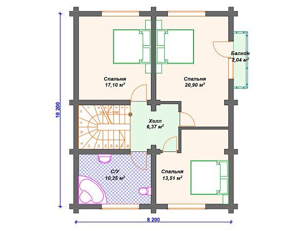 Проект деревянного дома из бревна 8 на 10 м с 3 спальнями S4-156 (ДО-032)