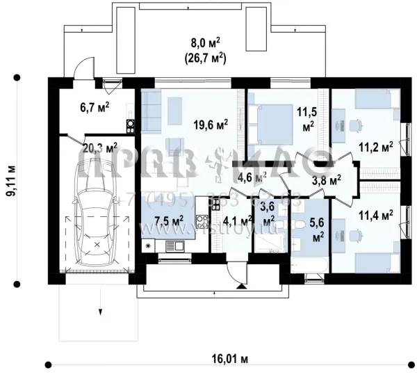 Проект одноэтажного дома с встроенным гаражом, тремя спальнями, гостиной и открытой террасой S3-109-6 (Z428)