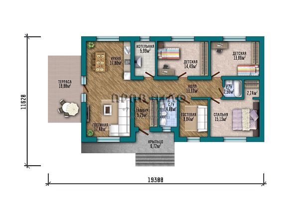 Проект вытянутого одноэтажного дома с двухскатной фальцевой кровлей S2-123 (320-123-1)