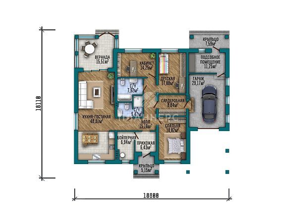 Проект с фасадом из серого кирпича, гаражом и верандой S2-217 (548-218-1Г)