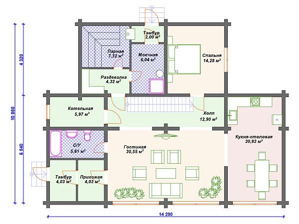 Проект деревянного дома с 3 спальнями и сауной S4-228 (ДС-045)