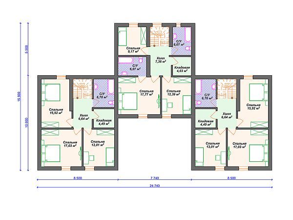 Проект таунхауса на 3 семьи S4-128 (К-310)