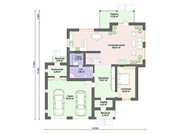 Проект каменного дома с гаражом на 2 машины S4-315 (К-273)