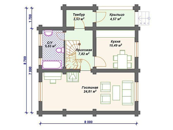 Проект деревянного дома из бревна 8 на 11 м с террасой S4-170 (ДО-124)