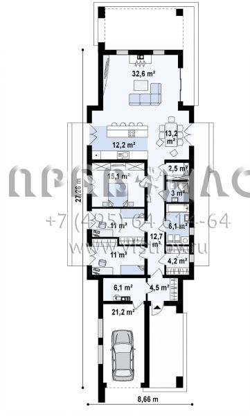 Проект комфортного одноэтажного дома для вытянутого в длину участка s3-155-2 (Zx129)