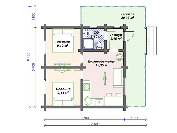 Проект одноэтажного дома с террасой S4-60 (ДС-142)