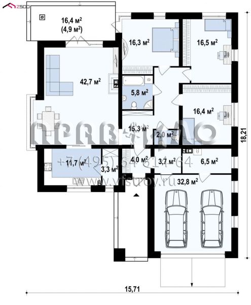 Проект классического одноэтажного дома с тремя спальнями и гаражом на две автомашины S3-176-1 (Z200 L +100)