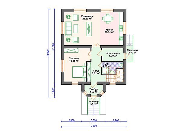 Проект дома с мансардой и 4 спальнями S4-162 (К-314)