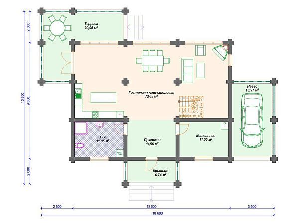 Проект деревянного дома из бревна 9 на 18 м с 3 спальнями S4-222 (ДО-117)