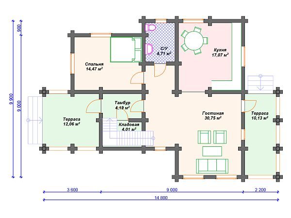 Проект деревянного дома из бревна 10 на 13 м с 3 спальнями S4-166 (ДО-035)