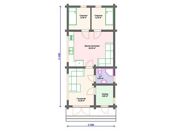 Проект одноэтажного деревянного дома для узкого участка  S4-54 (ДС-078)