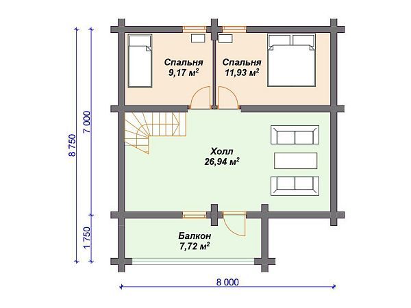 Проект деревянного дома из бревна 8 на 10 м с террасой S4-127 (ДО-095)
