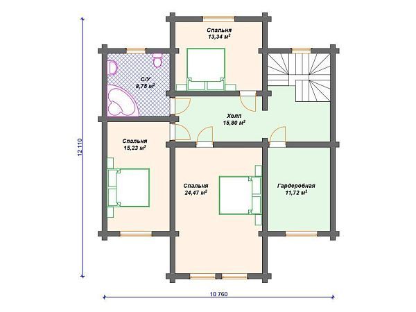 Проект деревянного дома из бревна 11 на 12 м с террасой и мансардой S4-202 (ДО-116)