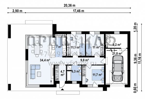 Проект стильного современного одноэтажного дома с широко остекленной гостиной под крытой террасой S3-126-6 (Z475)