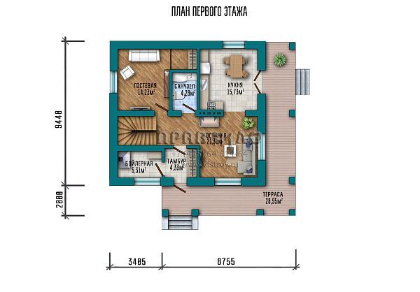 Проект квадратного двухэтажного дома в классическом стиле с большой террасой S2-143 (063-143-2)