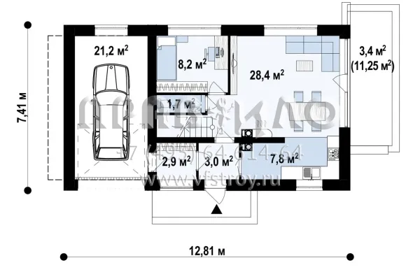 Проект коттеджа с гаражом для одного авто S3-116-2 (Z211 GL)