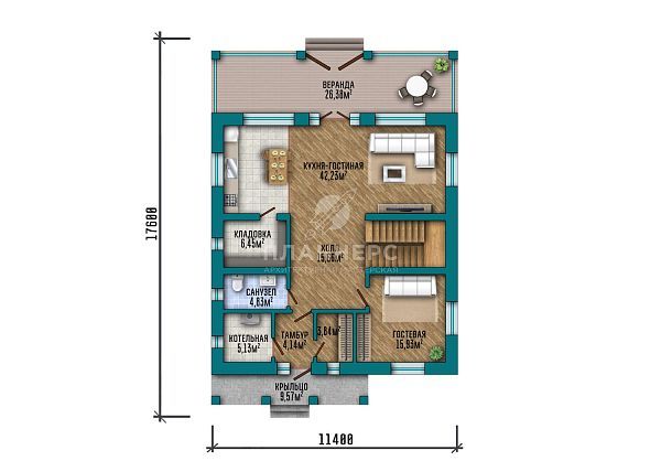 Проект с фасадом из чёрного кирпича и верандой S2-213 (544-213-2)