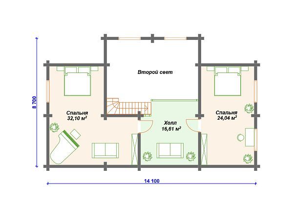 Проект деревянного дома для узкого участка с вторым светом и сауной S4-182 (ДС-144)