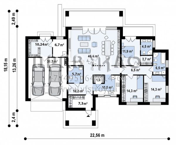 Проект одноэтажного дома в стиле хай-тек с большой гостиной и гаражом на два автомобиля S3-205-4 (Zx169)