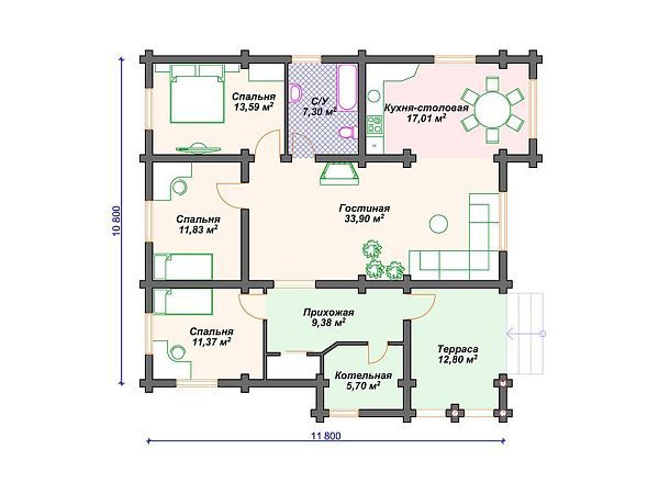 Проект деревянного дома из бревна с 3 спальнями S4-123 (ДО-165)