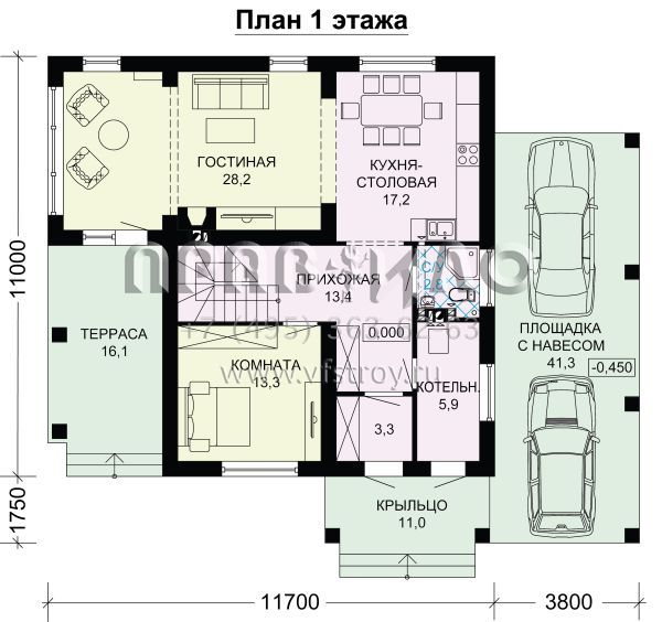 Загородный дом с навесом для автомобилей S7-174 (3-38b)
