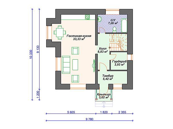 Проект дома с мансардой и 3 спальнями S4-118 (К-355)