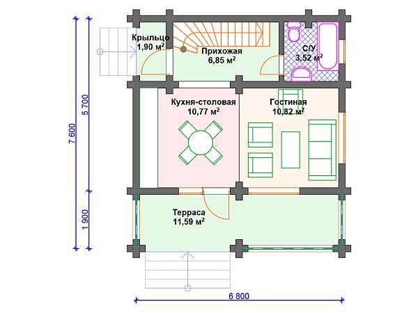 Проект деревянного дома из бревна 7 на 7 м с террасой S4-88 (ДО-048)