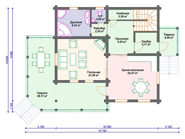 Проект деревянного дома из бревна 10 на 11 м с балконом и мансардой S4-207 (ДО-025)