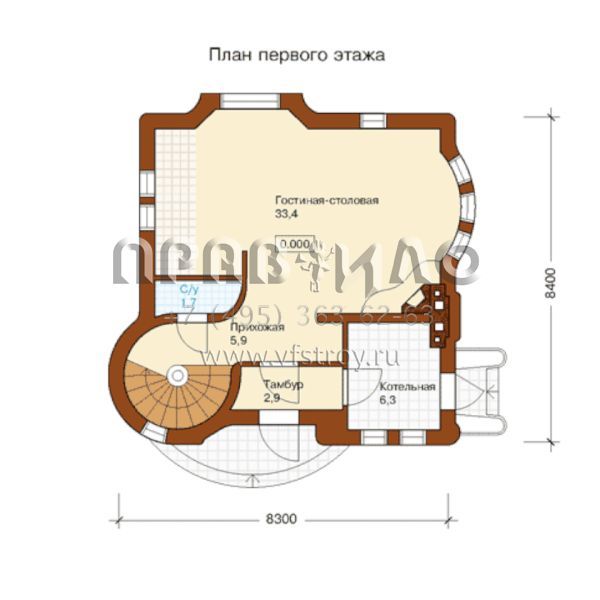 Проект двухэтажного дома с винтовой лестницей  S6-111(K-111-1K)