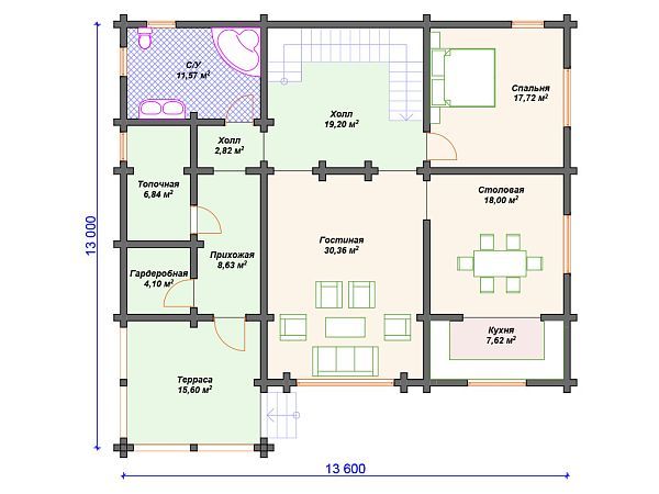 Проект деревянного дома  с террасой S4-257 (ДС-054)