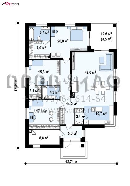 Проект комфортабельного одноэтажного дома с тремя спальнями и большой гостиной S3-157-9 (Z195 v1)