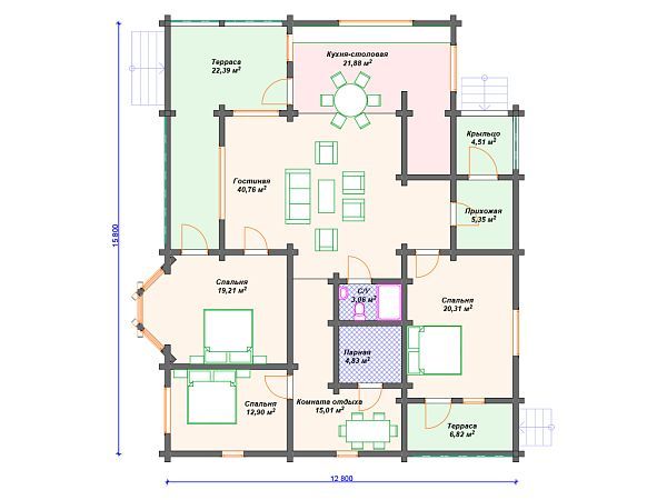 Проект одноэтажного дома с 3 спальнями S4-177 (ДС-065)
