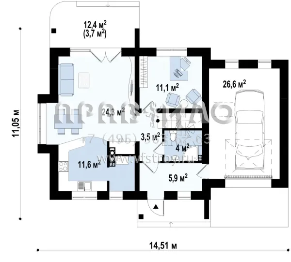 Проект коттеджа с пристроенным к правому фасаду гаражом S3-149-2 (Z102 GP)